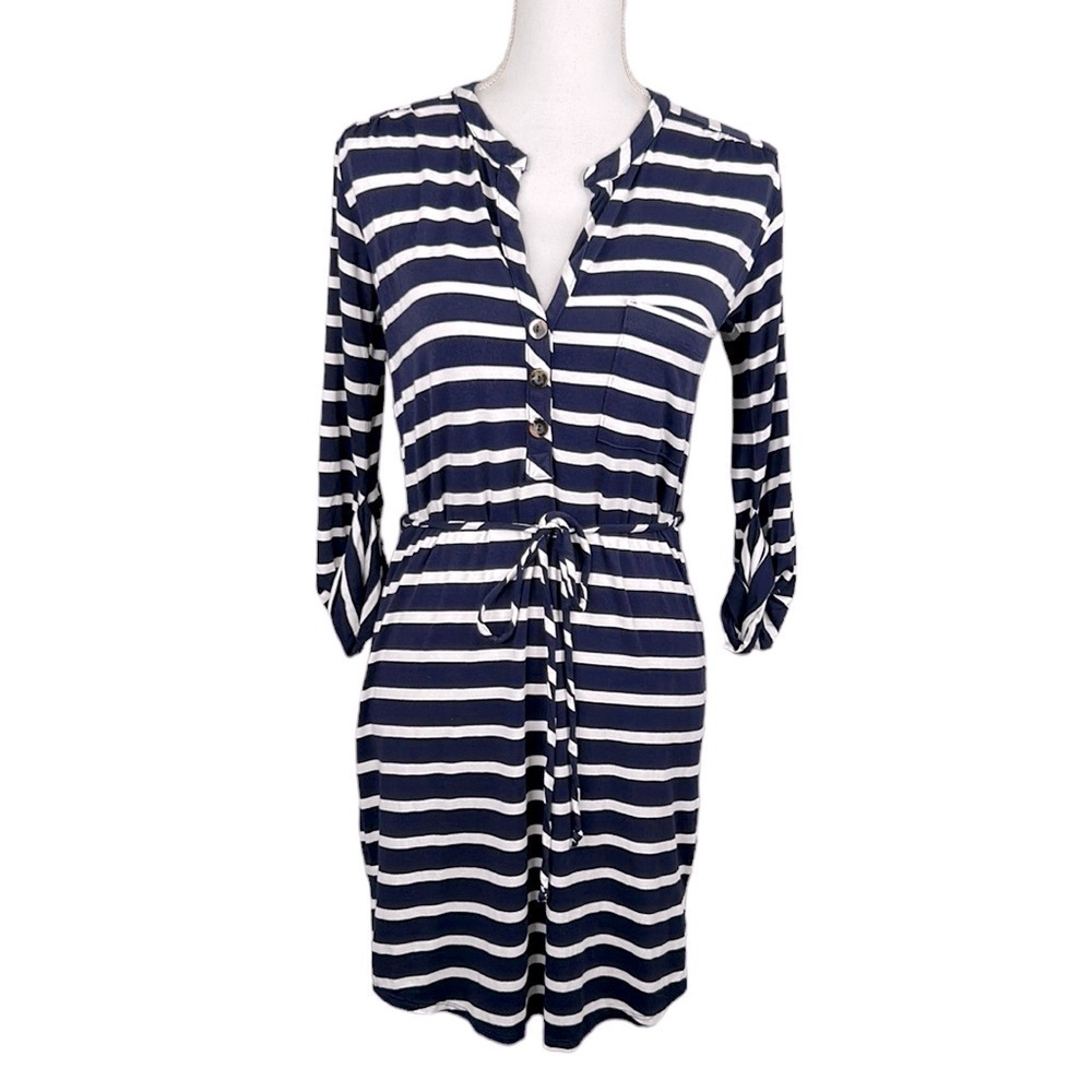 LA Made Blue & White Striped Front‎ Tie Midi Dress Size Small